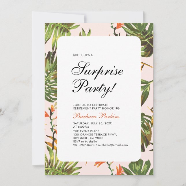 Invitación Verano Tropical | Fiesta de Jubilación Sorpresa Mo (Anverso)