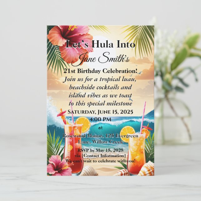 Invitación Verano Tropical Fiesta de Playa Luau 21 cumpleaños (Anverso de pie)