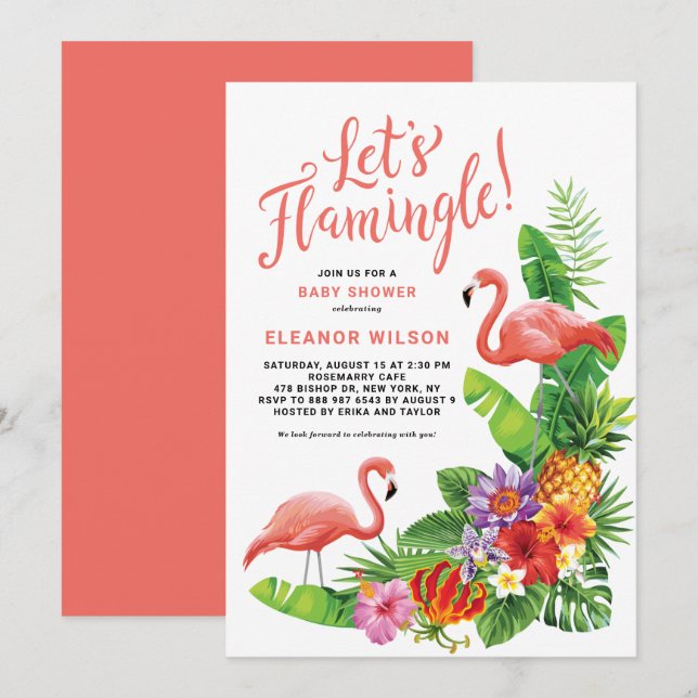 Invitación Verano tropical Flamingle Baby Shower (Anverso / Reverso)