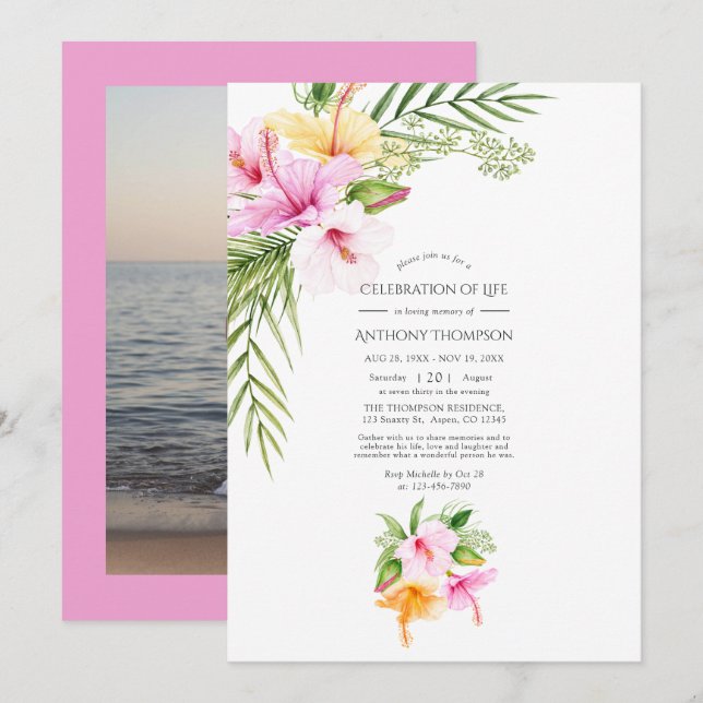 Invitación Verano tropical Floral Celebración de la Vida Foto (Anverso / Reverso)
