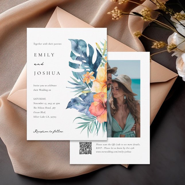 Invitación Verano tropical floral QR Boda fotográfico (Subido por el creador)