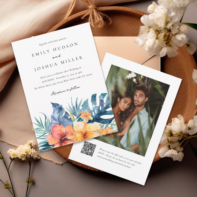 Invitación Verano tropical floral QR Boda fotográfico (Subido por el creador)