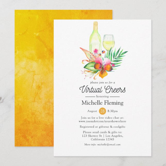 Invitación Verano tropical Floral Vino virtual Ducha de novia (Anverso / Reverso)