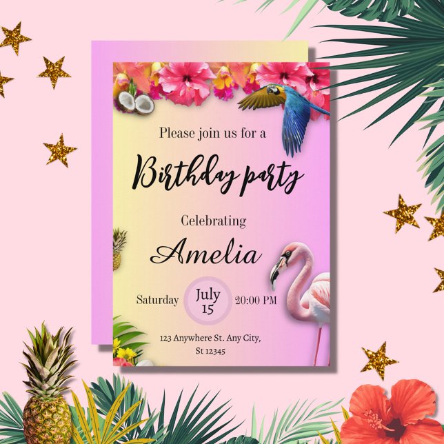 Invitación Verano tropical floral y flamingo rosa cumpleaños (Subido por el creador)