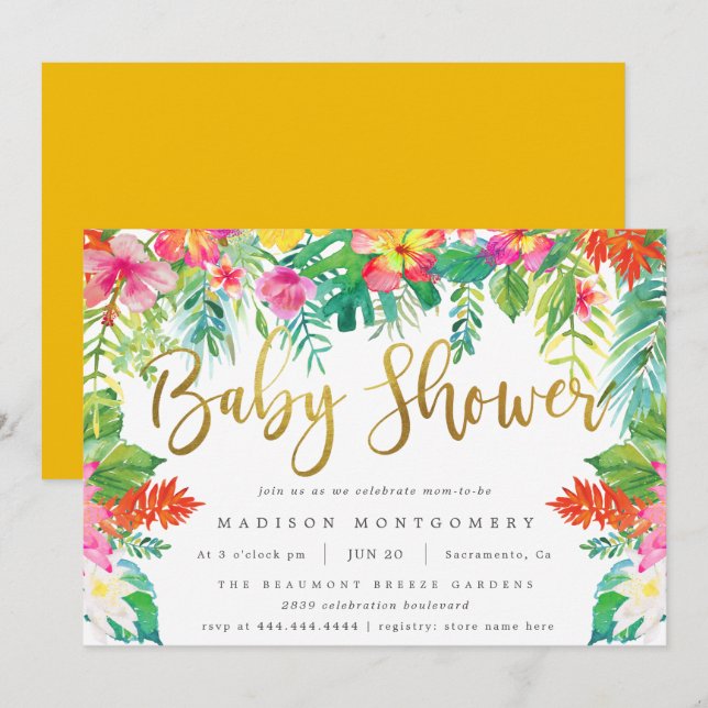 Invitación Verano Tropical Hibiscus Foliage Gold Baby Shower (Anverso / Reverso)
