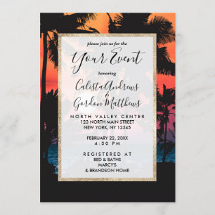 Invitación Verano Tropical Naranja Rosa Palm Trees Sunset