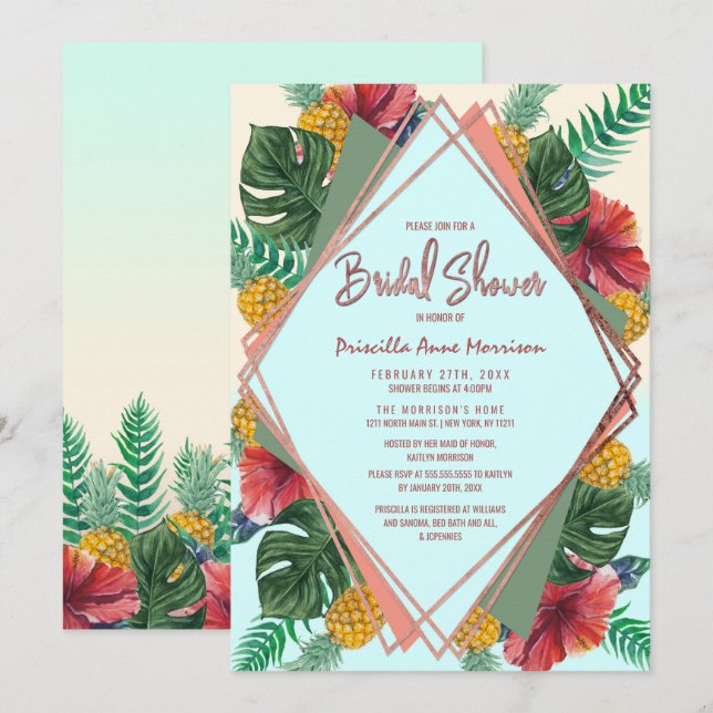 Invitación Verano Tropical Pineapple Floral Brillante (Anverso / Reverso)
