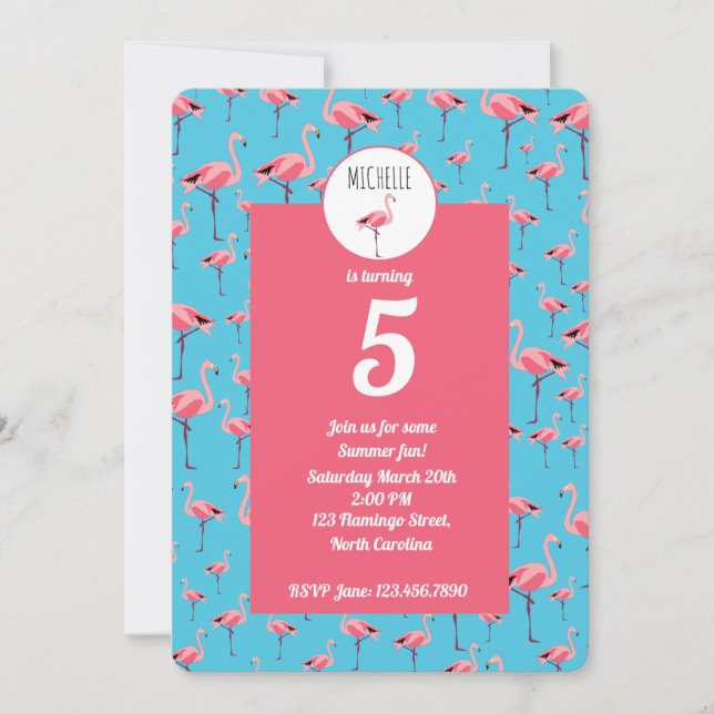 Invitación Verano Tropical Rosa Flamingo Girly 5º cumpleaños (Anverso)