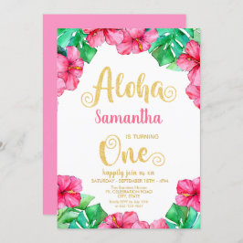 Invitación Verano tropical Rosa Hibiscus Primer cumpleaños