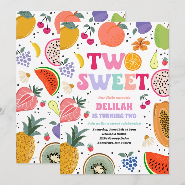 Invitación Verano tropical Tutti Frutti Dos Dulces Cumpleaños (Anverso / Reverso)