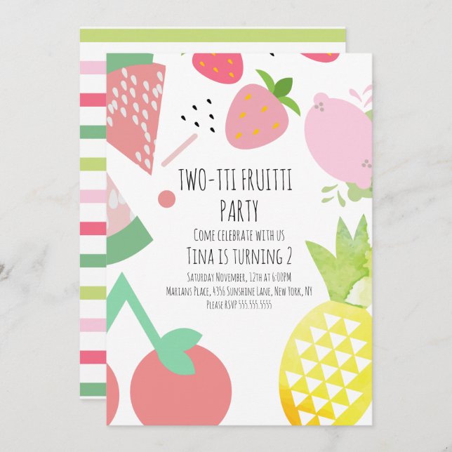 Invitación Verano Tutti Fruitti Tropical Frutas Enormes (Anverso / Reverso)