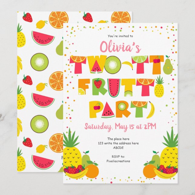 Invitación Verano, Twotti Frutti, Tropical, 2º cumpleaños (Anverso / Reverso)