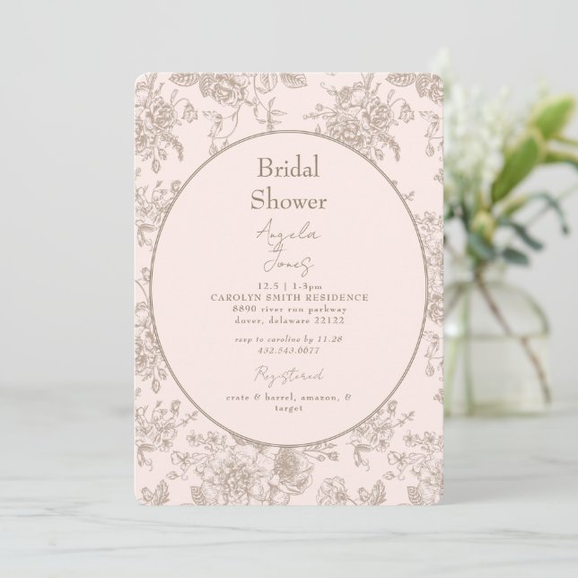 Invitación Verdadera Chinoiserie Rubor Floral Bridal Shower (Anverso de pie)