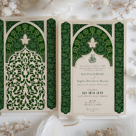 Invitación Verdant Emerald Elegance Boda de encaje islámico