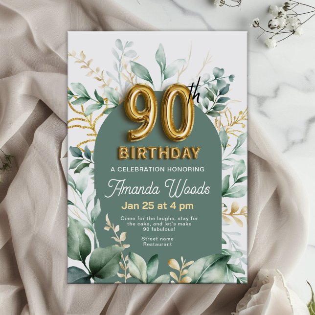 Invitación Verdant Floral Gold 90 cumpleaños (Subido por el creador)