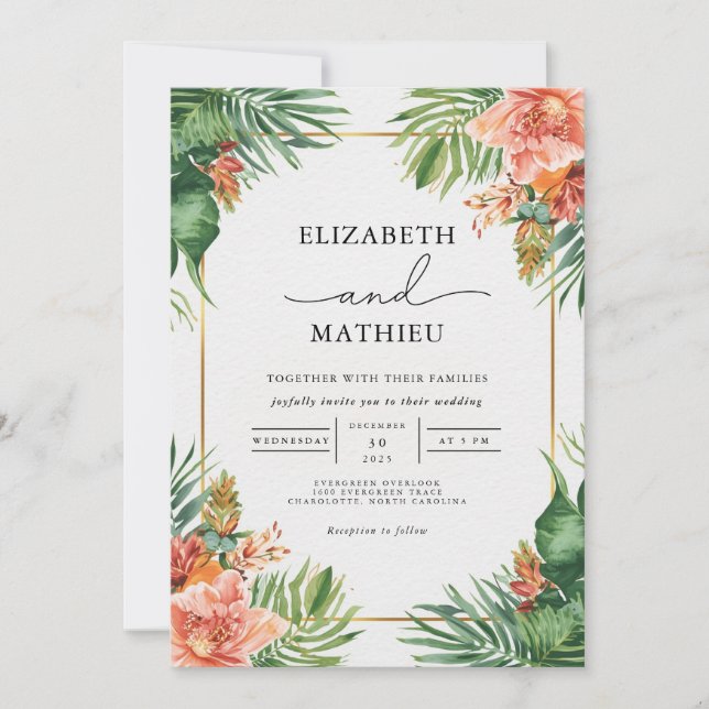 Invitación Verdant Palms & Coral Blooms Boda (Anverso)