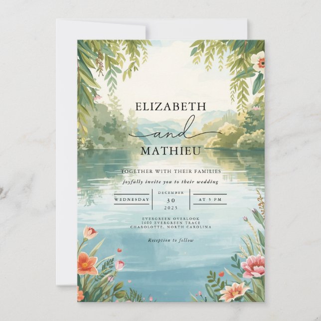 Invitación Verdant Tranquil Lakeside Boda Floral (Anverso)