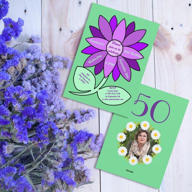 Invitación Verde 50 cumpleaños Sencillo Girasol Púrpura (Subido por el creador)