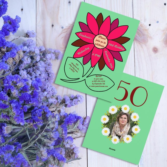 Invitación Verde 50 cumpleaños Sencillo Girasol Rojo (Subido por el creador)