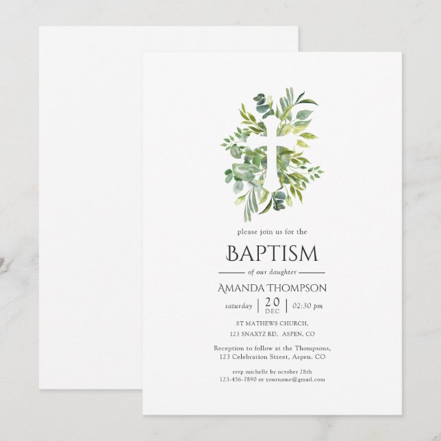 Invitación Verde acuarela Bautizo o Bautismo (Anverso / Reverso)