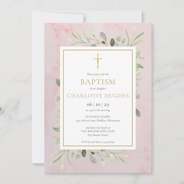Invitación Verde acuarela rosa bautizo (Anverso)