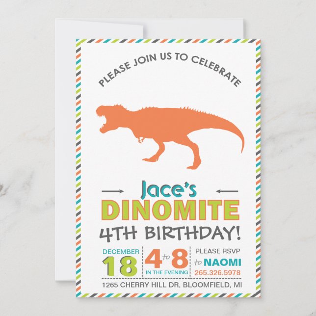 Invitación verde al moderno Naranja de dinosaurios (Anverso)