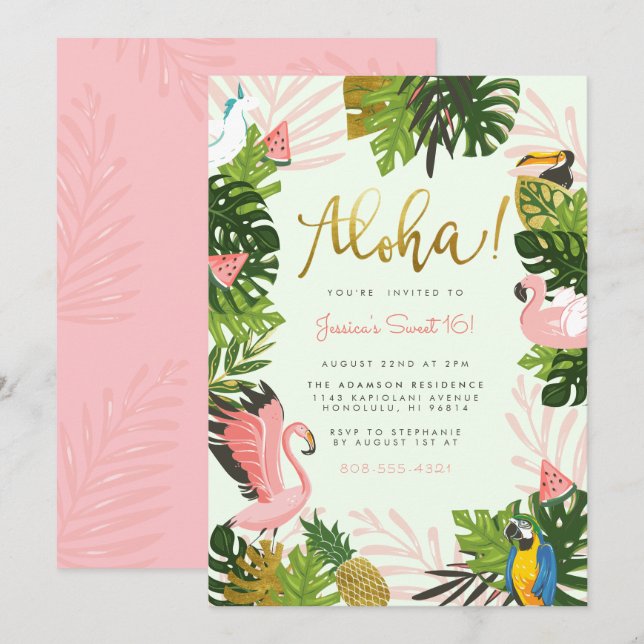 Invitación Verde | Aloha Hawaii Tropical Gold Birday Party (Anverso / Reverso)
