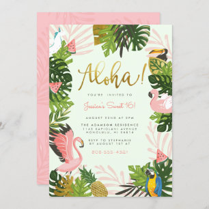 Invitación Verde   Aloha Hawaii Tropical Gold Birday Party