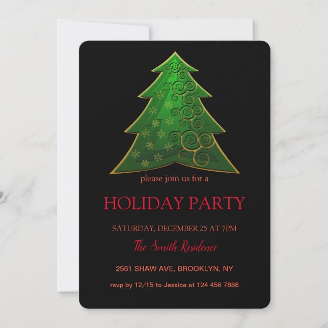Invitación verde árbol de Navidad, moda elegante (Anverso)