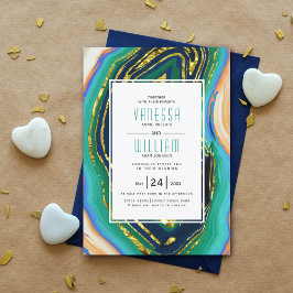 Invitación Verde, azul, agate de melocotón, boda geodésico de