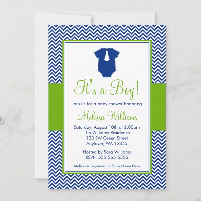 Invitación Verde azul Baby Shower de Chevron del pequeño (Anverso)