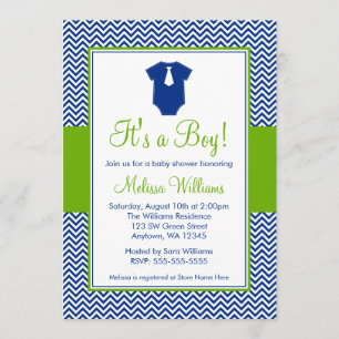 Invitación Verde azul Baby Shower de Chevron del pequeño