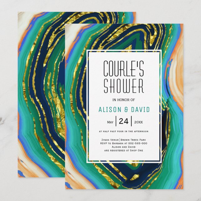 Invitación Verde, azul, durazno de melocotón, Relieve metaliz (Anverso / Reverso)