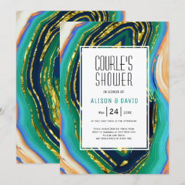 Invitación Verde, azul, durazno de melocotón, Relieve metaliz