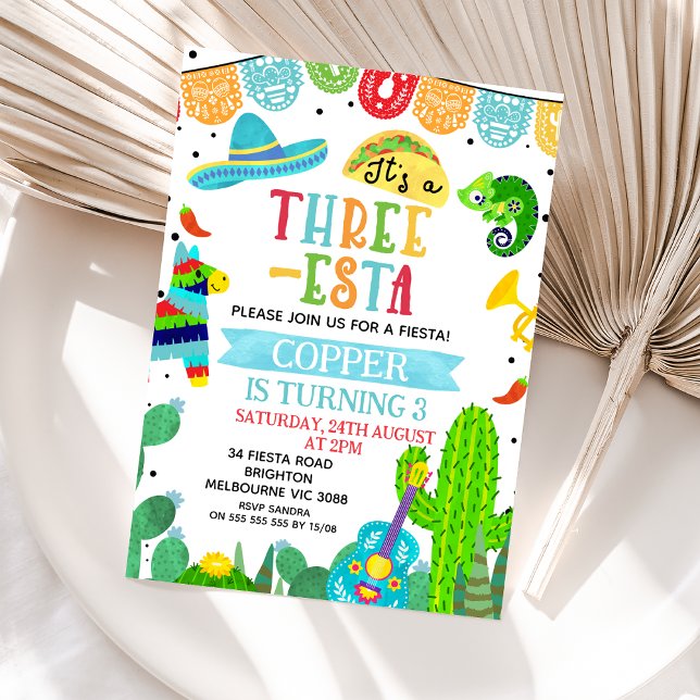 Invitación Verde Azul Es el cumpleaños de Fiesta de tres años (Three-esta Fiesta Boy Birthday Invitation, Threeesta Fiesta 3rd Birthday Invite, Mexican Fiesta )
