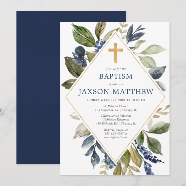 Invitación Verde azul follaje niño baptismo vegetación (Anverso / Reverso)