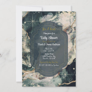 Invitación Verde Azul Marino Cósmico Aquarela Dorado Celestia
