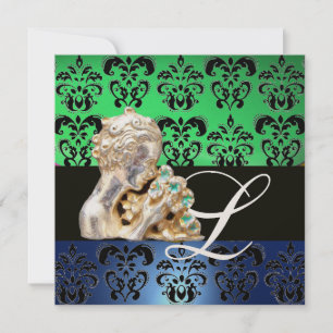 INVITACIÓN VERDE AZUL, NEGRO, DAMASCO BLANCO MONOGRAMA JOYA