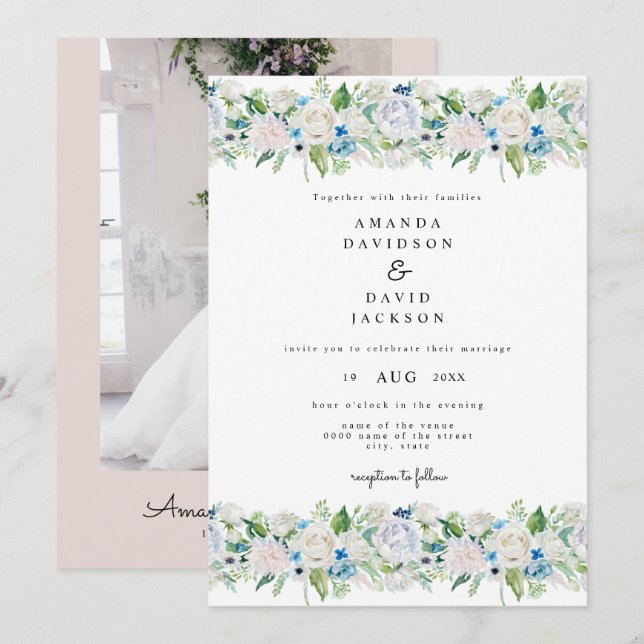 Invitación Verde azul rosa suave Boda floral romántico (Anverso / Reverso)