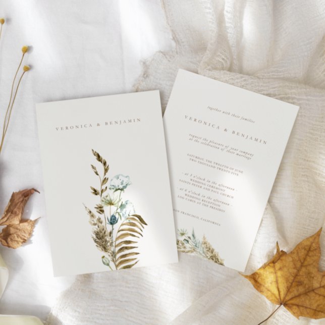 Invitación Verde azul turbio y Boda de hierba de pampas secas (Dusty Blue Greenery & Dried Pampas Grass Wedding Invitation)