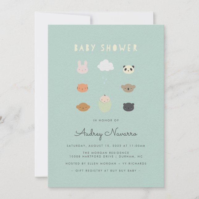 Invitación Verde azulada a Baby Shower de Animal F (Anverso)