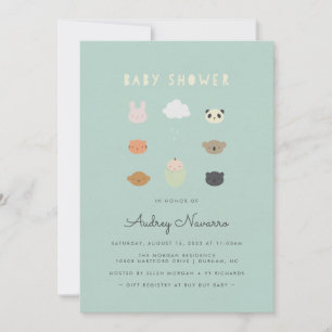 Invitación Verde azulada a Baby Shower de Animal F