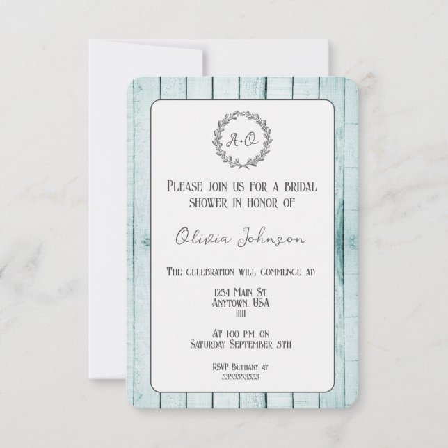 Invitación verde azulada a ducha de novias con mon (Anverso)
