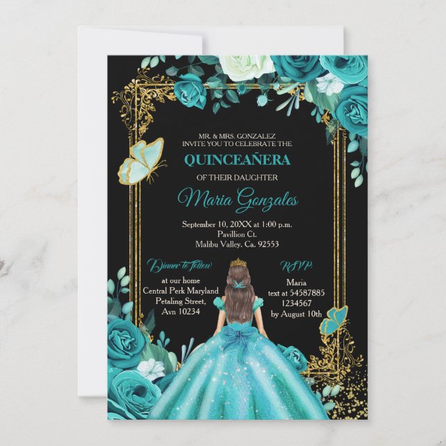Invitación verde azulada a la mariposa quinceanera (Anverso)