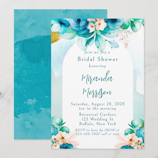 Invitación Verde azulada acuarela azul arca floral ducha de n (Anverso / Reverso)