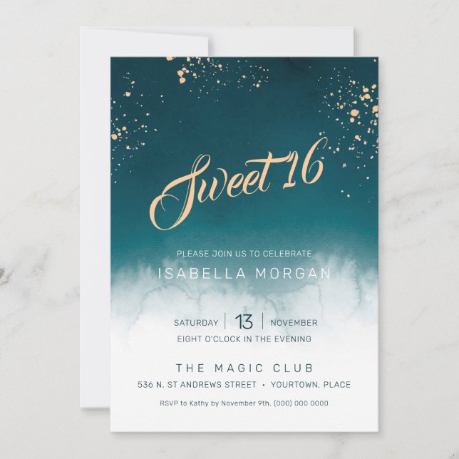 Invitación Verde azulada acuarela Golden Splatter Sweet 16 Fi (Anverso)