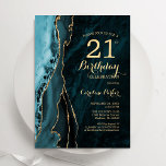 Invitación Verde azulada Agate de Oro 21 Años<br><div class="desc">Invitación a la fiesta de cumpleaños número 21 verde azulada y de oro. Elegante diseño moderno con una acuarela azul turquesa y un fondo geodésico de mármol, oro falso purpurina y letra de escritura tipográfica. La carta de invitación de moda es perfecta para una elegante celebración del cumpleaños de las...</div>