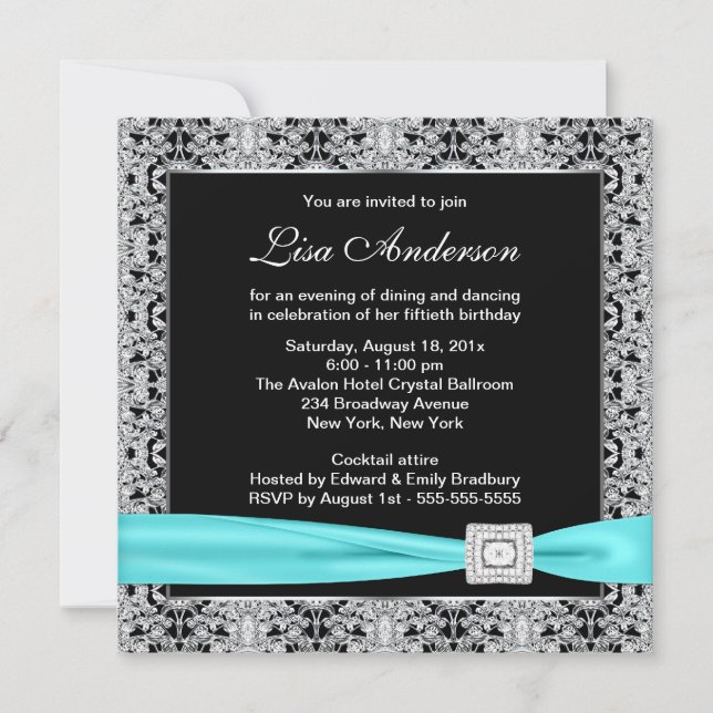 Invitación Verde azulada Blue Black Lace Womans 50th Birthday (Anverso)