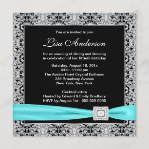 Invitación Verde azulada Blue Black Lace Womans 50th Birthday