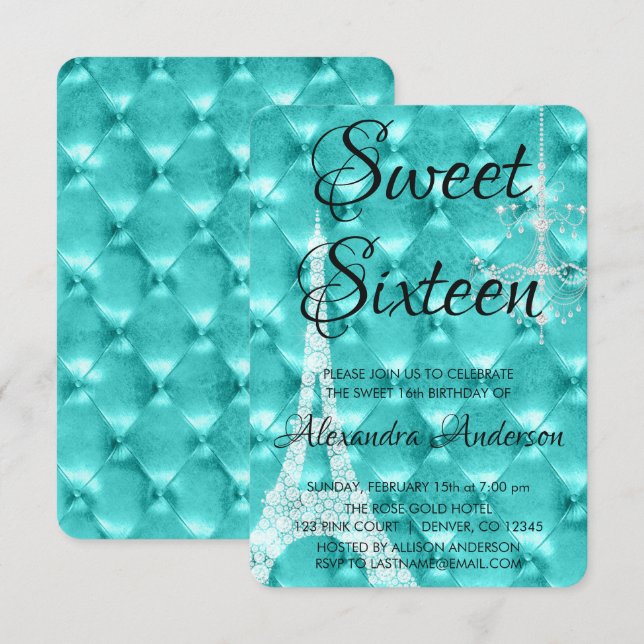 Invitación Verde azulada Blue Paris Sweet 16 cumpleaños (Anverso / Reverso)